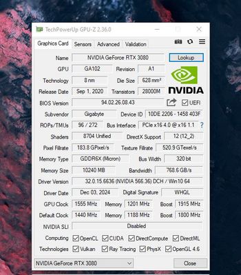 Gigabyte GeForce RTX 3080 10 GB 1710-1905 Mhz PCIe x16 GPU