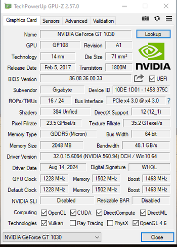 Gigabyte GeForce GT 1030 2 GB 1252-1506 Mhz PCIe x16 GPU
