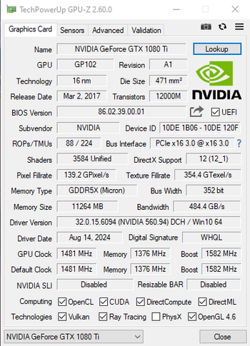 Palit GeForce GTX 1080 Ti 11 GB 1480-1582 Mhz PCIe x16 GPU