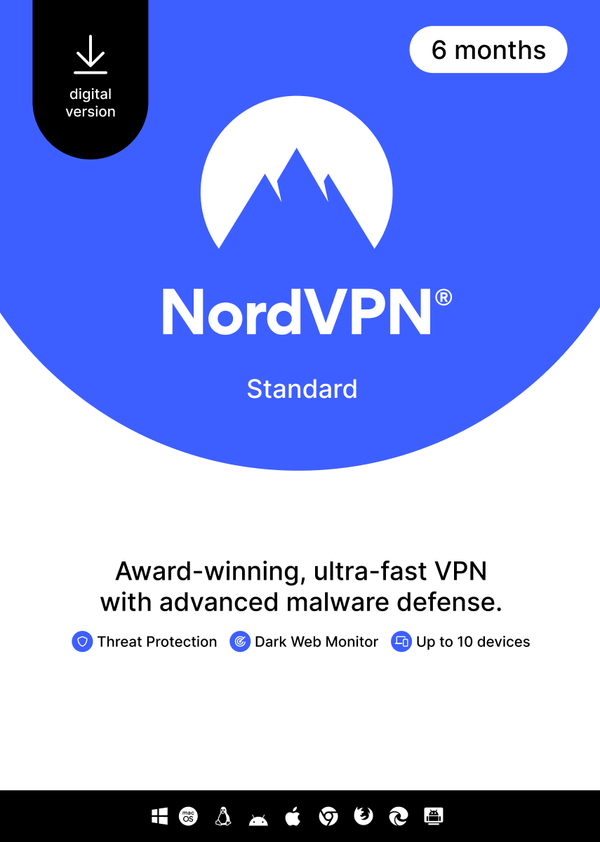 NordVPN Standard - 6 Month - 10 Devices (PC/MAC/Mobile) VPN & Cybersecurity Software Subscription Key GLOBAL
